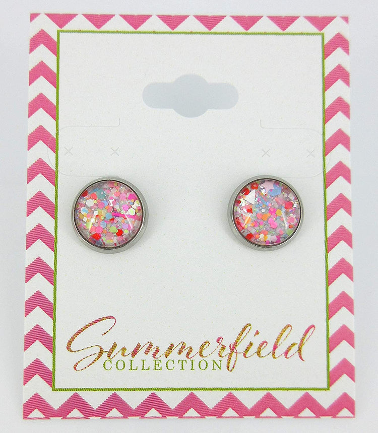 Stainless Steel Happy Confetti Glitter Glass Stud Earrings Hand-painted 10mm