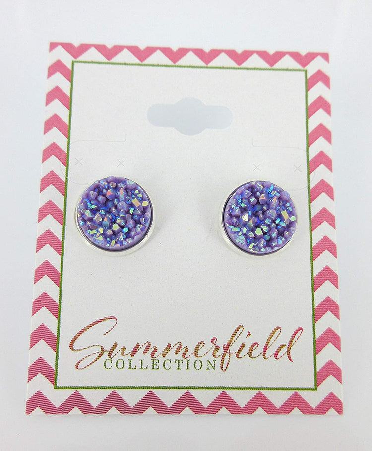 Silver-tone Lavender Purple AB Faux Druzy Stone Stud Earrings 12mm