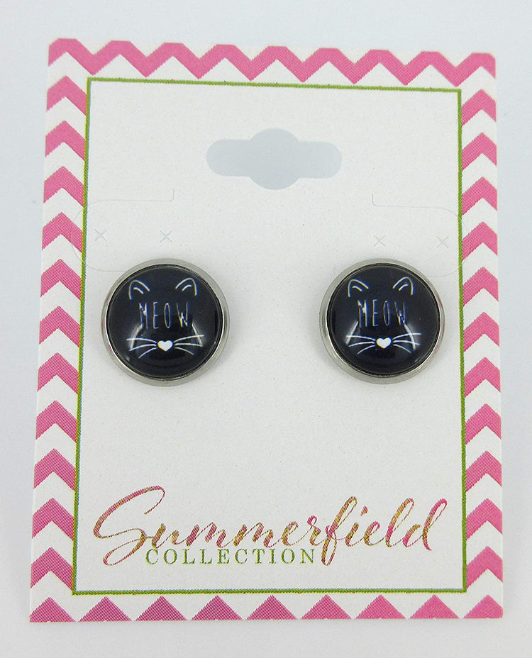 Stainless Steel Black Cat Face Print Glass Stud Earrings 12mm
