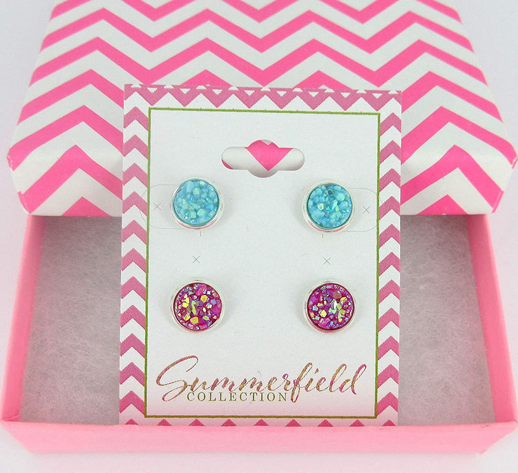 Duo Silver-tone Faux Druzy Stone Stud Earrings 8mm Set (Aqua Blue/Deep Pink AB)