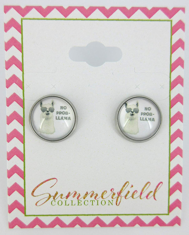 Stainless Steel No Prob Llama Print Glass Stud Earrings 12mm