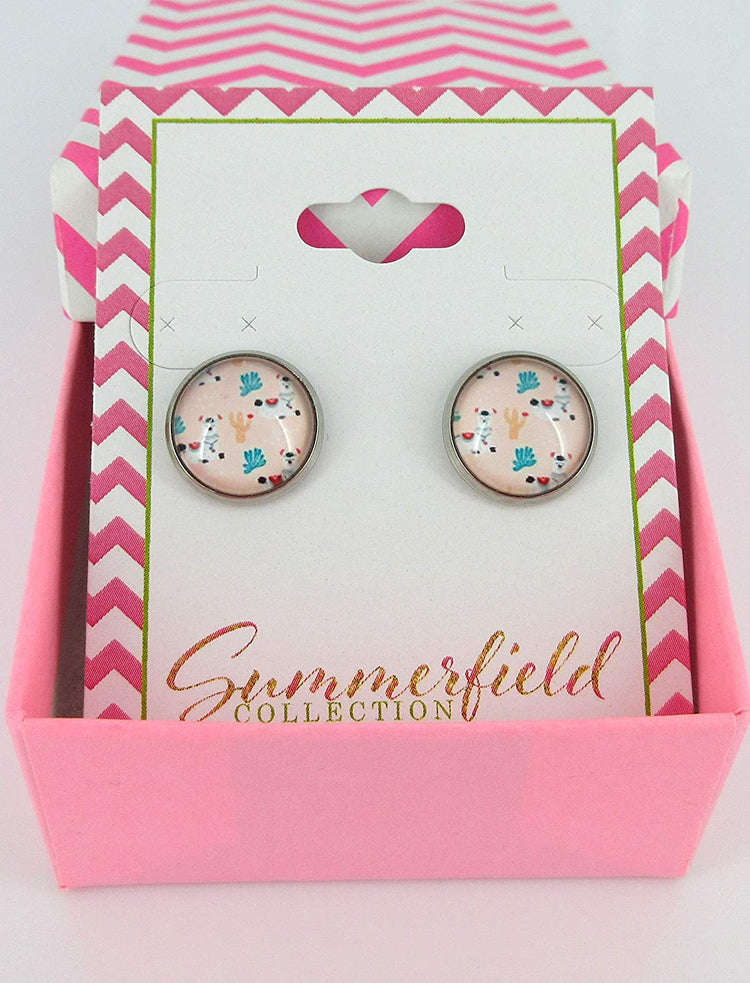 Stainless Steel Pink Llama Print Glass Stud Earrings 12mm