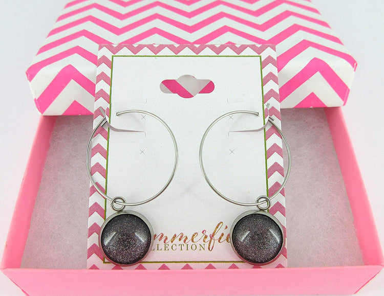 Stainless Steel Charcoal Gray Glitter Glass Charm Hoop Earrings Hand-painted 1"