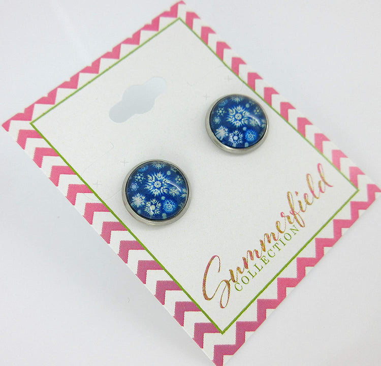 Stainless Steel Snowflake Print Glass Stud Earrings 12mm