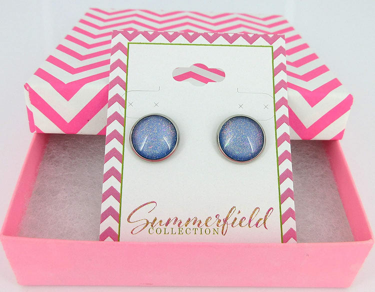 Stainless Steel Sky Blue and Rainbow Glitter Flake Glass Stud Earrings Hand-painted 12mm