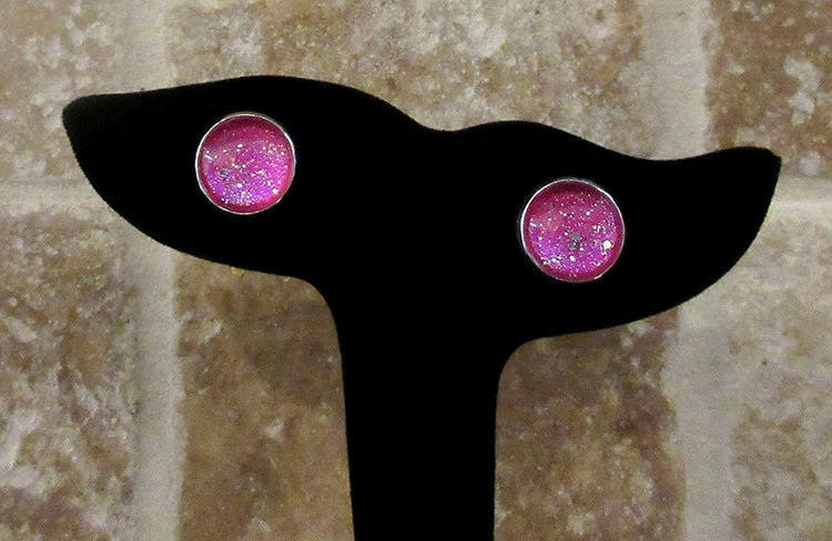 Silver-tone Magenta Pink Twinkle Glitter Glass Galaxy Stud Earrings Hand-painted 12mm