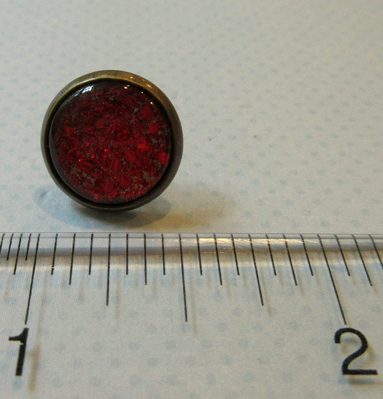 Antiqued Gold-tone Red Glitter Glass Stud Earrings Hand-painted 12mm