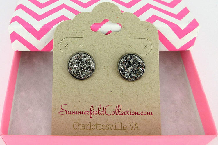 Hematite-tone Gunmetal Gray Faux Druzy Stone Stud Earrings 12mm