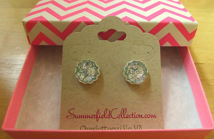 Silver Foil Light Dusty Blue Faceted Resin Stud Earrings 12mm
