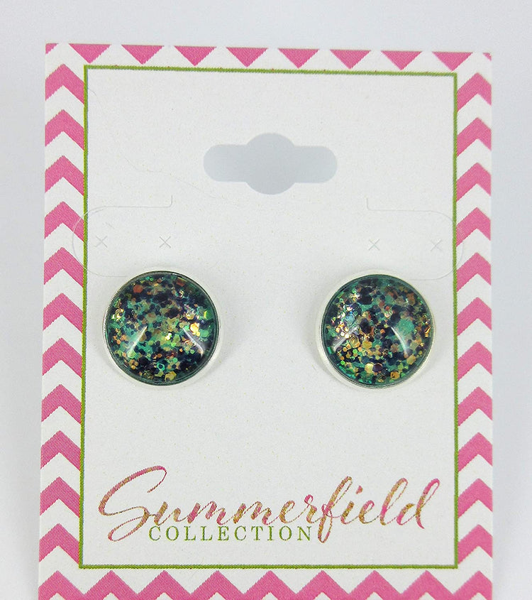 Silver-tone Mermaid Tail Glitter Glass Stud Earrings Hand-painted 12mm