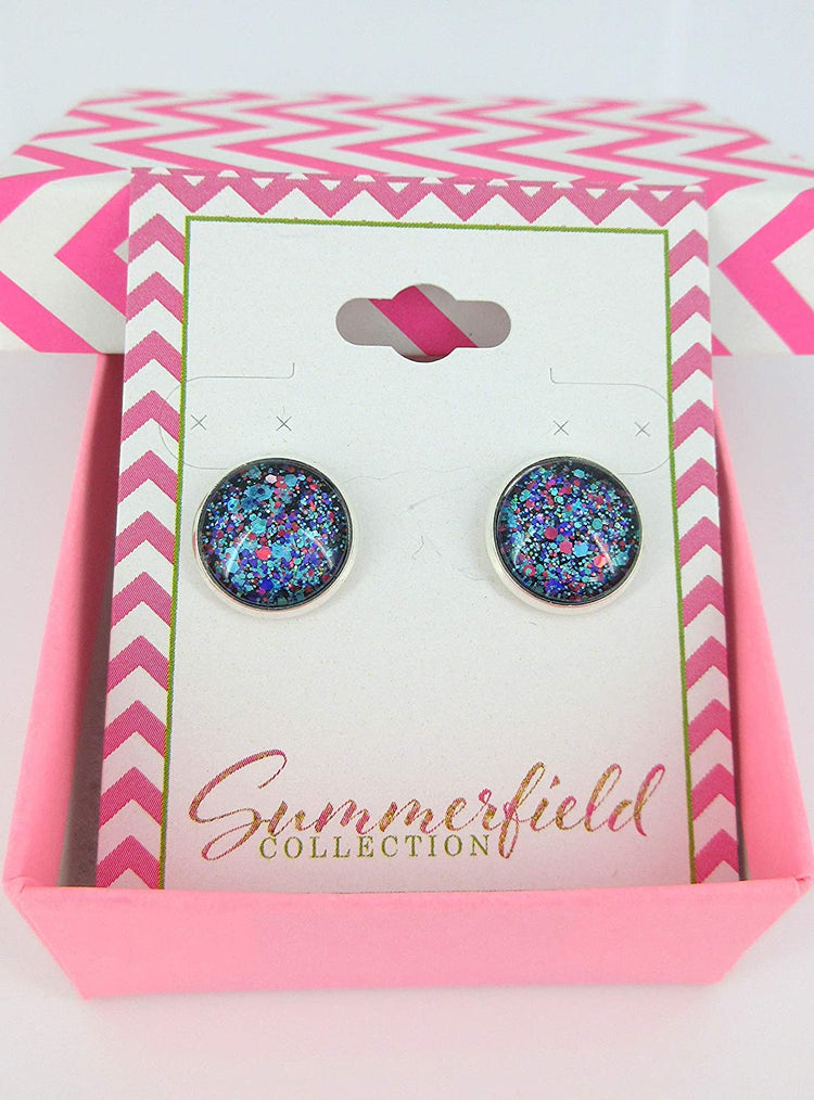 Silver-tone Blue Purple Pink Glitter Glass Stud Earrings 12mm Hand-painted