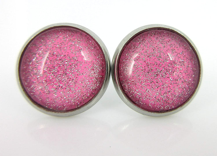 Stainless Steel Pink and Silver Glitter Glass Stud Earrings Hand-painted 12mm