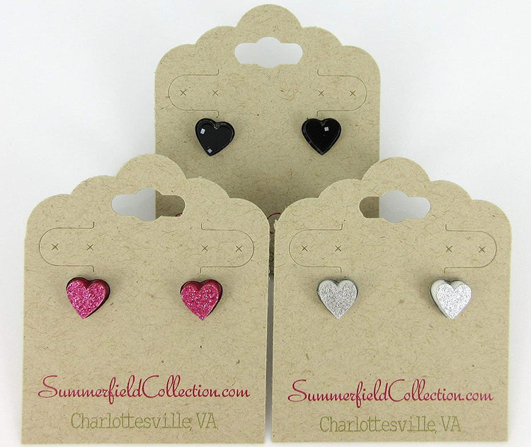 Stainless Steel Black and Silver Glitter Acrylic Heart Stud Earrings 8mm