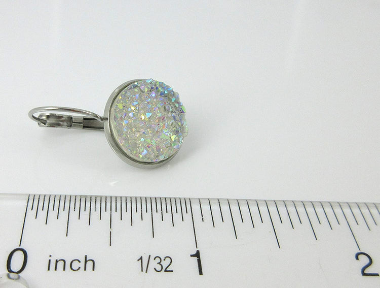 Stainless Steel Clear AB Faux Druzy Stone Lever-back Drop Earrings 14mm