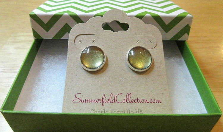 Silver-tone Metallic Green and Gold Color Shifting Glass Stud Earrings Hand-painted 12mm