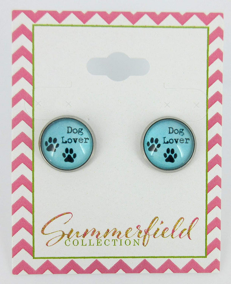 Stainless Steel Blue Dog Lover Paw Print Glass Stud Earrings 12mm