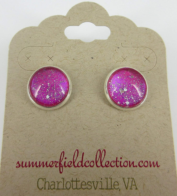 Silver-tone Magenta Pink Twinkle Glitter Glass Galaxy Stud Earrings Hand-painted 12mm