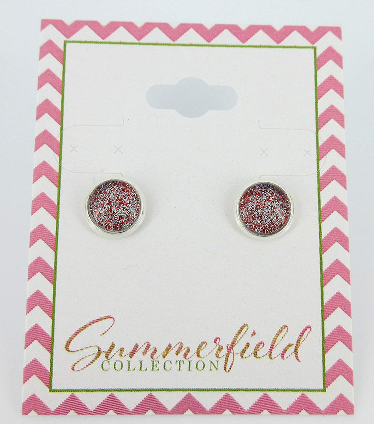 Silver-tone Red and Holographic Glitter Glass Stud Earrings Hand-painted 8mm
