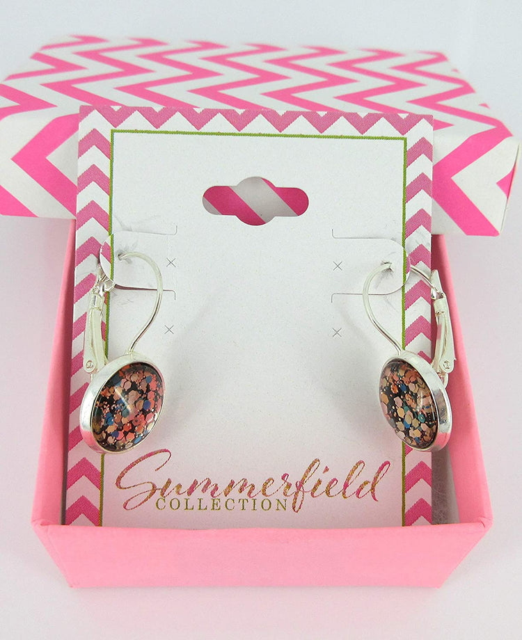 Silver-tone Black and Multi-Color Confetti Glitter Glass Lever-back Drop Earrings Hand-painted