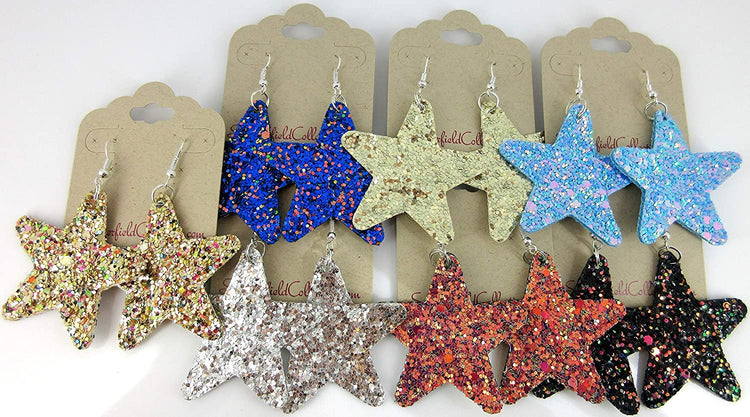 Black and Rainbow Glitter Faux Leather Large Star Dangle Earrings