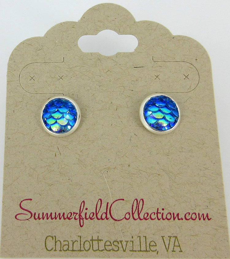 Silver-tone Metallic Mermaid Scale Stud Earrings 8mm (Blue/Green)