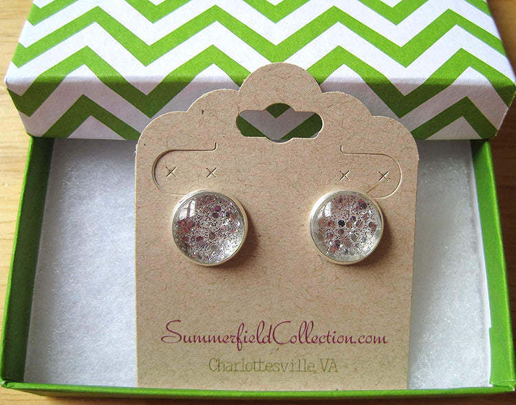 Silver-tone Glitter Glass Stud Earrings 12mm Hand-painted