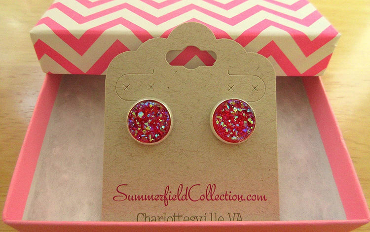 Silver-tone Translucent AB Faux Druzy Stone Stud Earrings 12mm (Raspberry)