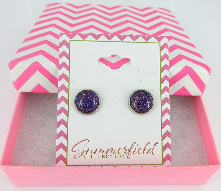 Stainless Steel Blue Red Purple and Gold Glitter Glass Stud Earrings Hand-painted 10mm