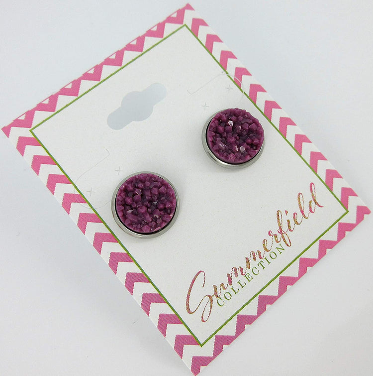 Stainless Steel Purple Faux Druzy Stone Stud Earrings 12mm