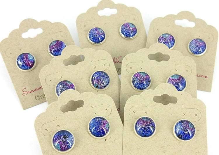 Silver-tone Glitter Glass Galaxy 12mm Stud Earrings Blue Purple Teal