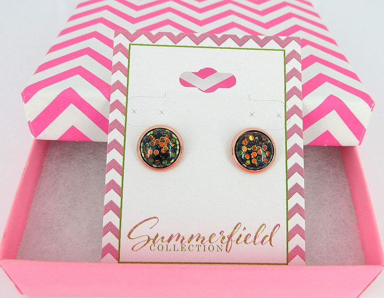 Rose Gold-tone Black and Green Iridescent Glitter Resin Stud Earrings 10mm