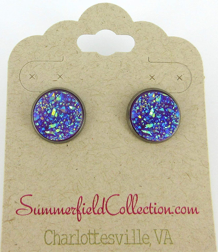 Hematite-tone Purple Faux Druzy Stone Stud Earrings 12mm