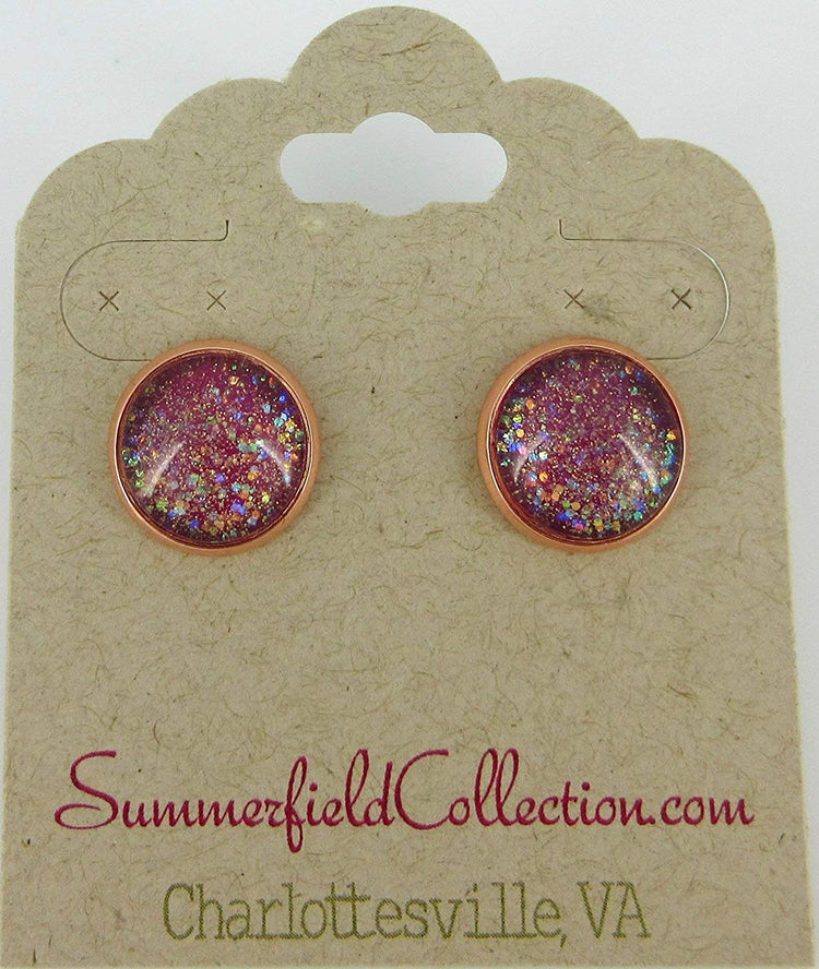 Rose Gold-tone Berry Iridescent Glitter Glass Galaxy Stud Earrings Hand-painted 12mm