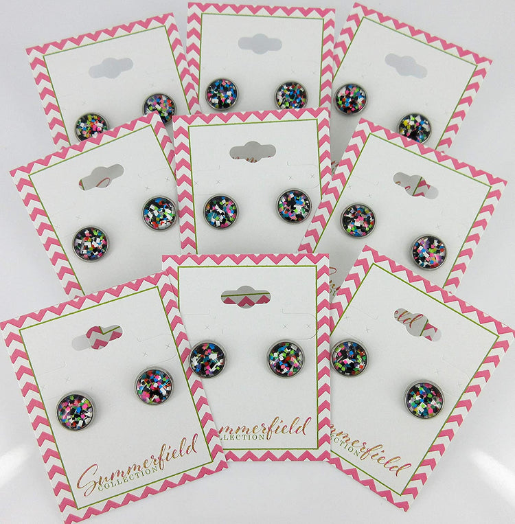 Stainless Steel Pixel Party Glitter Glass Stud Earrings Hand-painted 10mm
