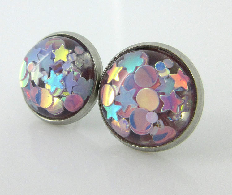 Stainless Steel Glitter Resin Globe Stud Earrings 12mm (Lilac)