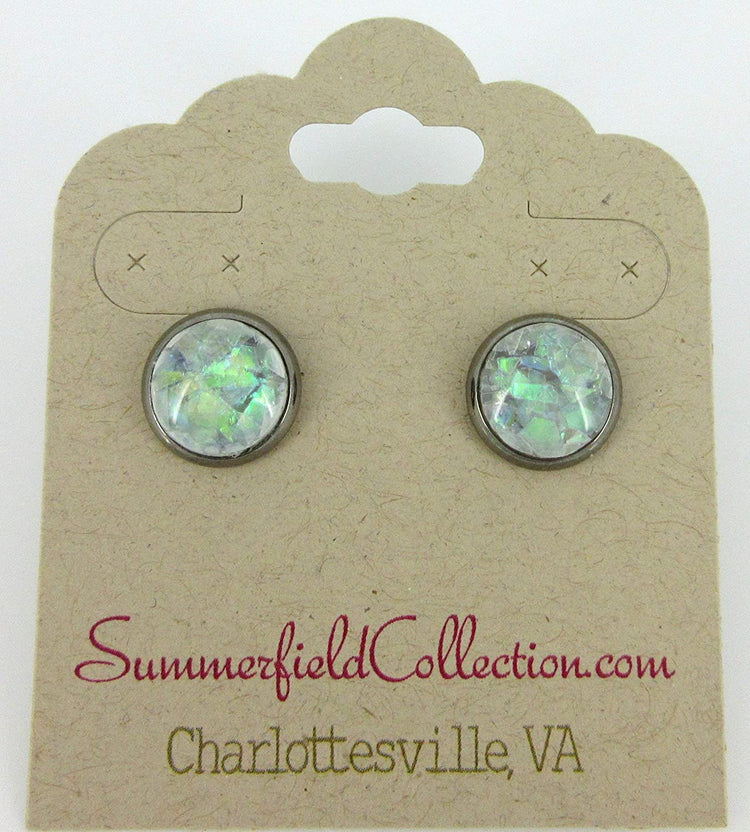 Hematite-tone Gray and Opalescent Leaf Resin Stud Earrings 10mm