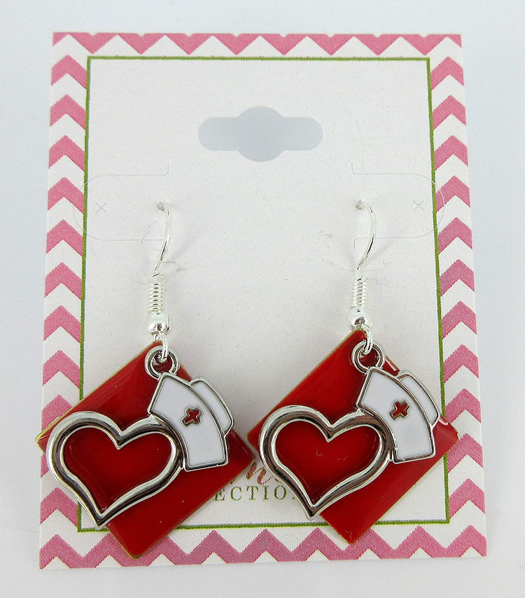 Silver-tone Red Enamel Nurse Hat Heart Charm Dangle Earrings