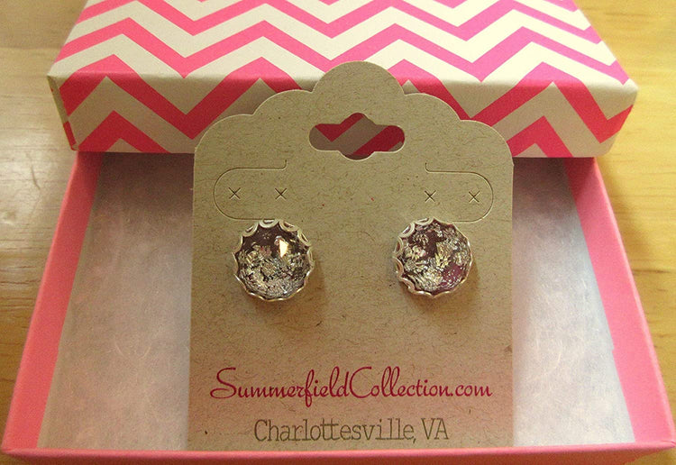 Silver Foil Dark Purple Faceted Resin Stud Earrings 12mm