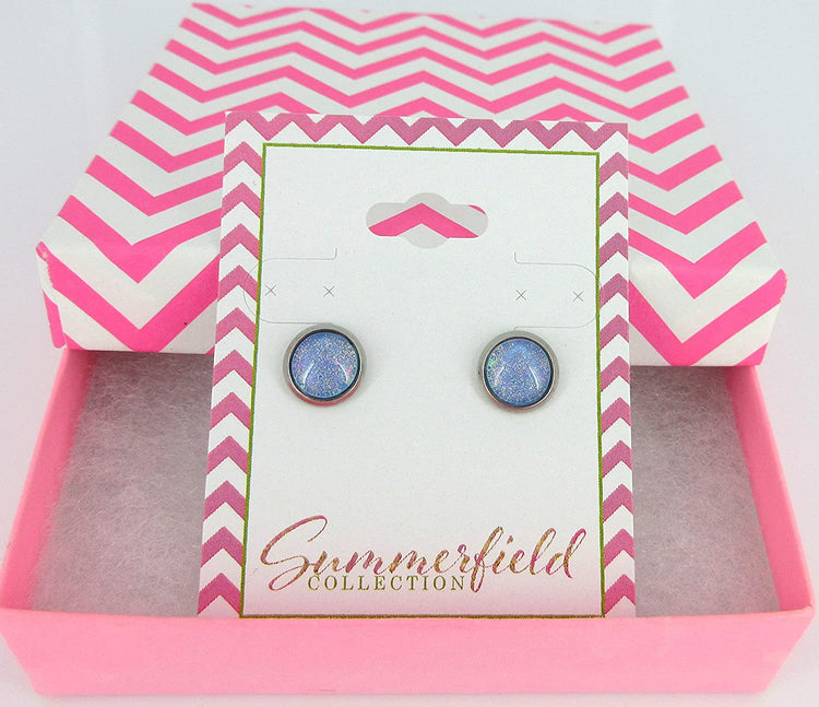 Stainless Steel Sky Blue and Rainbow Glitter Flake Glass Stud Earrings Hand-painted