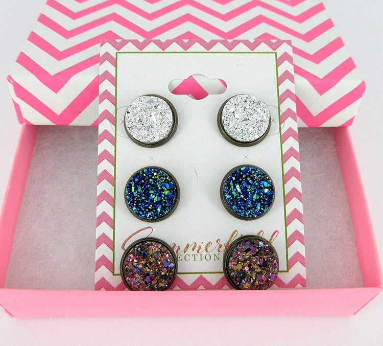 Trio Antiqued Gold-tone Stud Earrings 12mm Faux Druzy Stone Silver Metallic Blue Pink Set