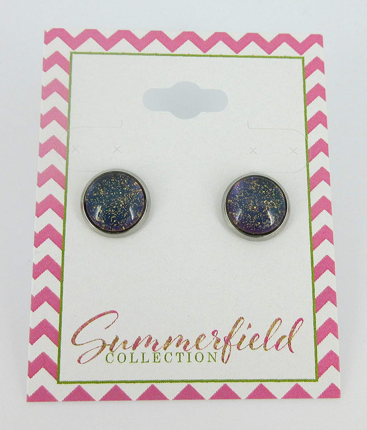 Stainless Steel Blue Purple Gray Glitter Glass Stud Earrings Hand-painted 10mm