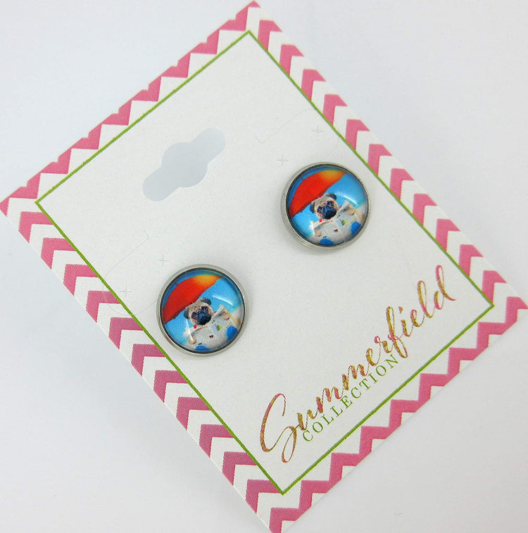 Stainless Steel Pug Dog on the Beach Print Glass Stud Earrings 12mm