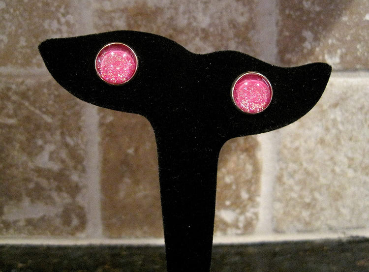 Rose Gold-tone Berry Iridescent Glitter Glass Galaxy Stud Earrings Hand-painted 12mm