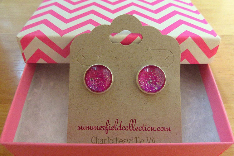 Silver-tone Magenta Pink Twinkle Glitter Glass Galaxy Stud Earrings Hand-painted 12mm