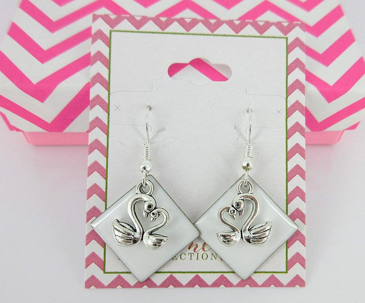 Silver-tone White Enamel Swan Charm Dangle Earrings