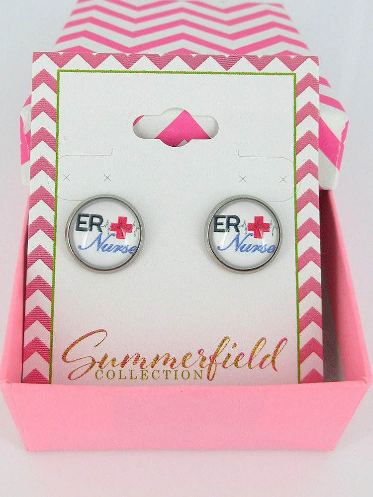 Stainless Steel ER Nurse Print Glass Stud Earrings 12mm White Black Red