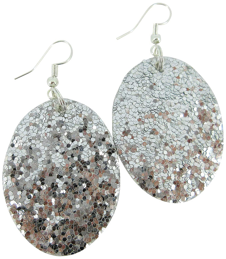 Silver-tone Glitter Faux Leather Oval Dangle Earrings (Peachy Pink)