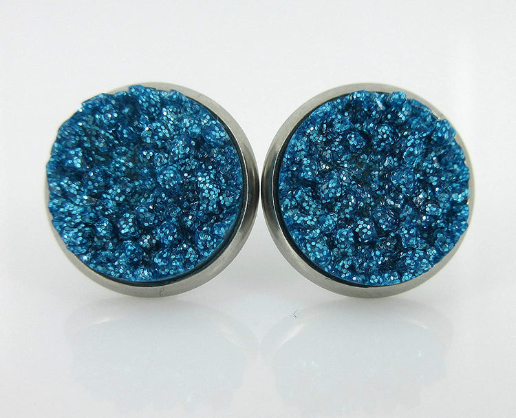Stainless Steel Ocean Gold Teal Blue Glitter Faux Druzy Stone Stud Trio Earrings Set