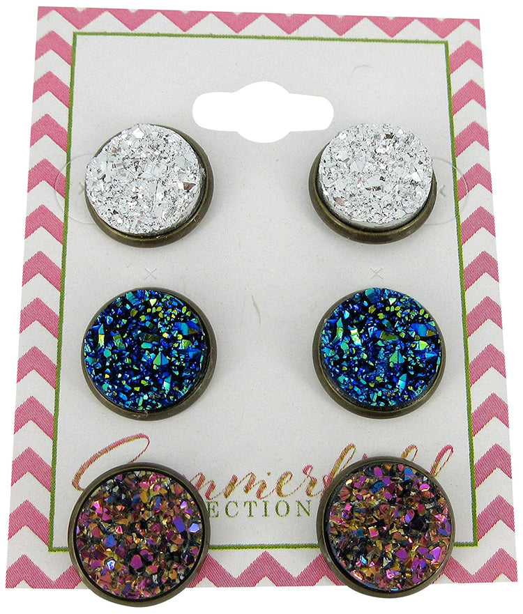 Trio Antiqued Gold-tone Stud Earrings 12mm Faux Druzy Stone Silver Metallic Blue Pink Set