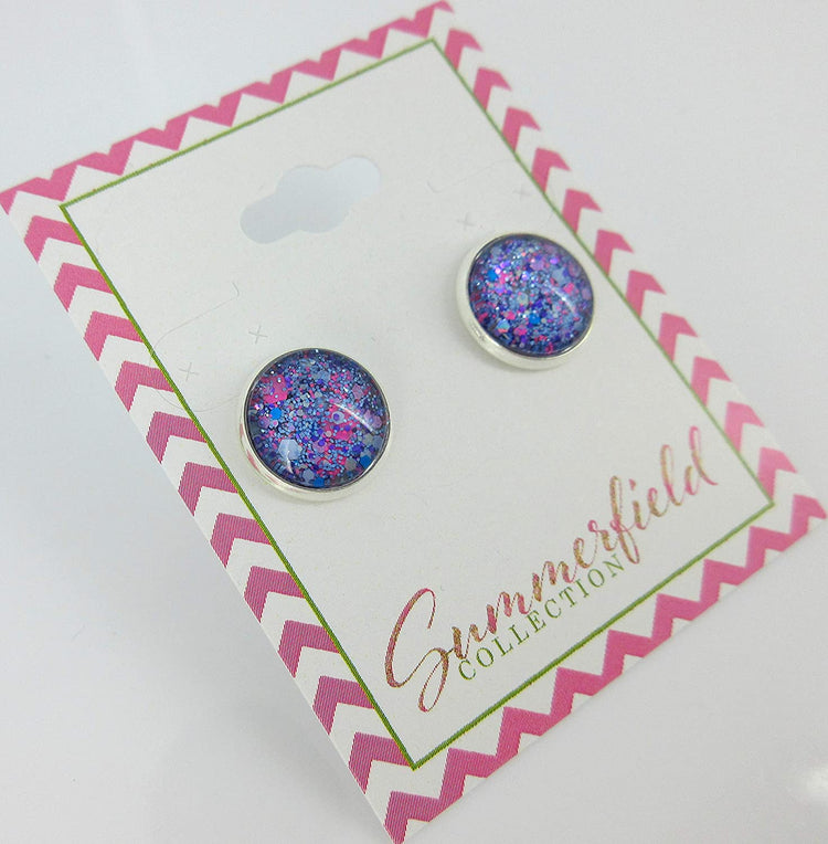 Silver-tone Gray Neon Pink Aqua Blue and Purple Glitter Glass Stud Earrings Hand-painted 12mm
